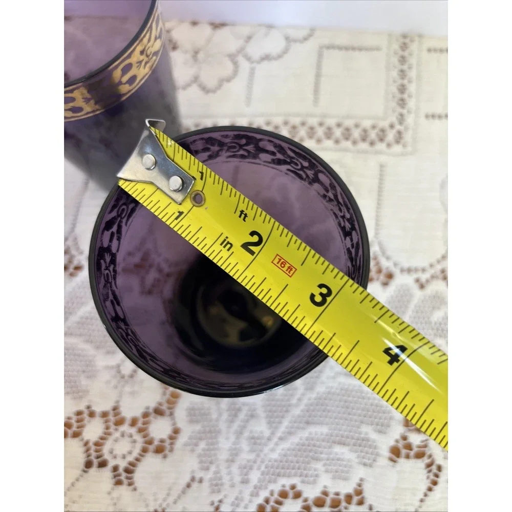4- Amethyst Glass Tumblers with Gold Scroll Band Moroccan Boho Barware Pier 1